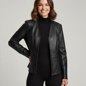 Denim & Co Womens M Black Leather Jacket Zip Front Slim Biker Jacket Mob Wife